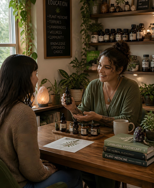 Two people discussing cannabis products during an education consultation at a wooden table surrounded by herbal remedies and plants