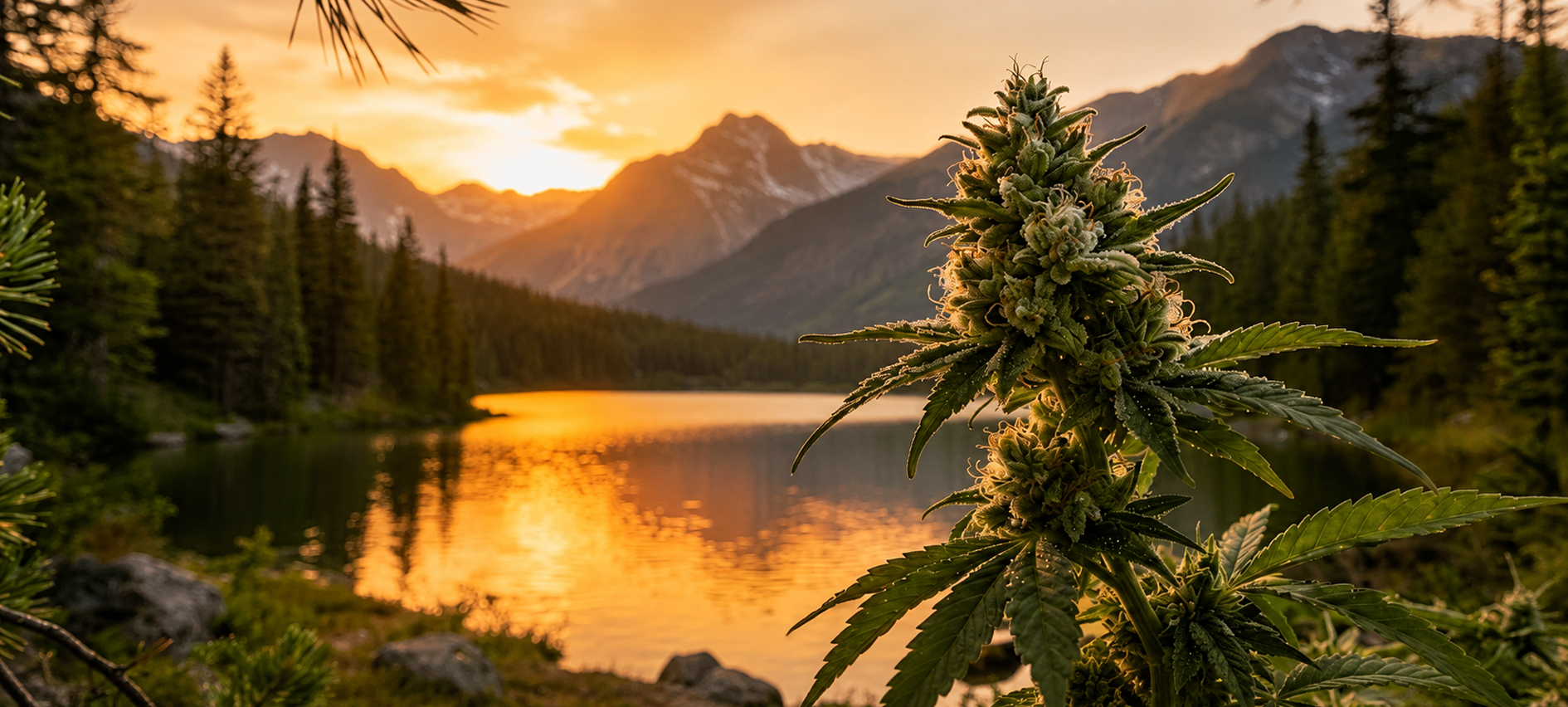 Close-up of a cannabis bud blooming beside a mountain lake at sunset
